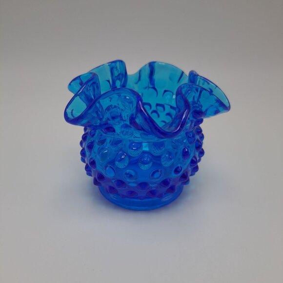 Fenton Colonial Blue Hobnail 3" Double Crimped Rim Glass Flower Vase - Picture 1 of 8